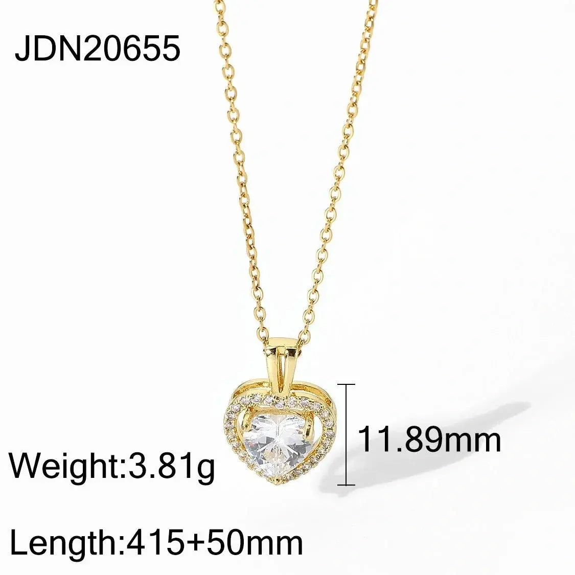 Gold heart-shaped pendant necklace with sparkling clear stones and adjustable chain.