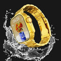 Luxury gold smartwatch with a metal link strap splashing in water