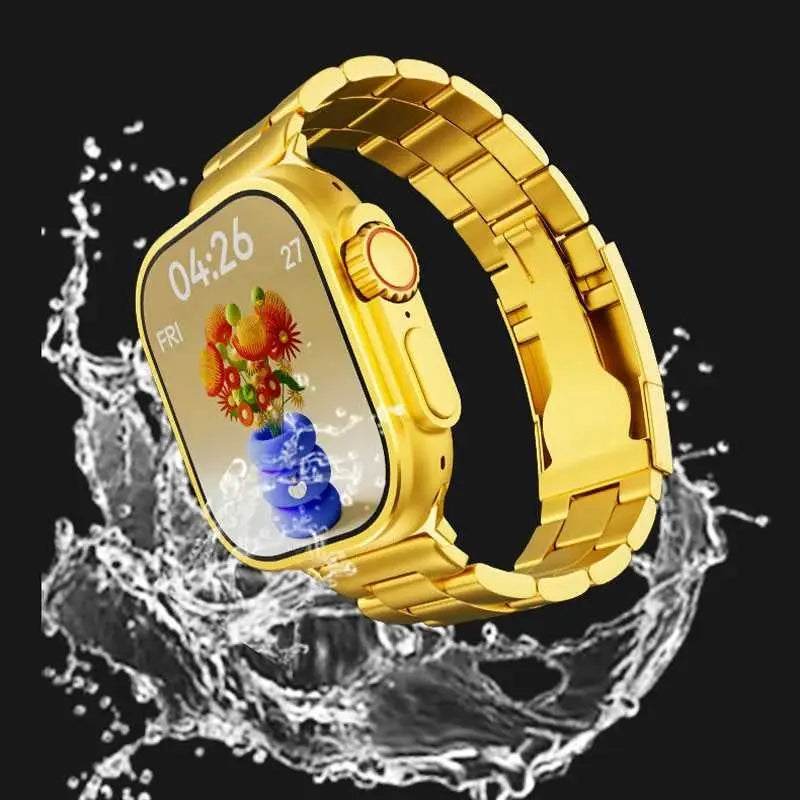 Luxury gold smartwatch with a metal link strap splashing in water
