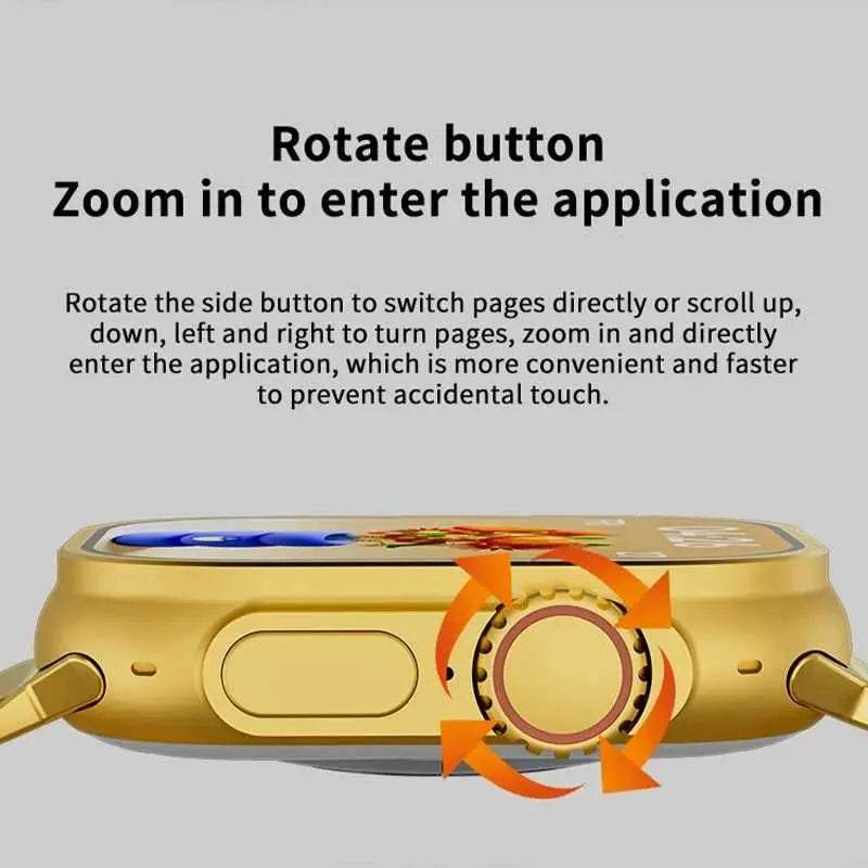 Gold smartwatch featuring a rotating side button for easy navigation and app zooming.