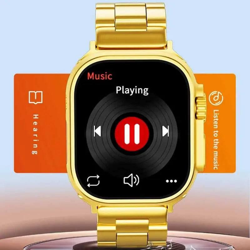 Gold luxury smartwatch displaying a music player interface with a vinyl record design