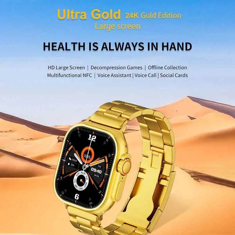 Ultra Gold 24K Gold Edition smartwatch with large screen on a desert background