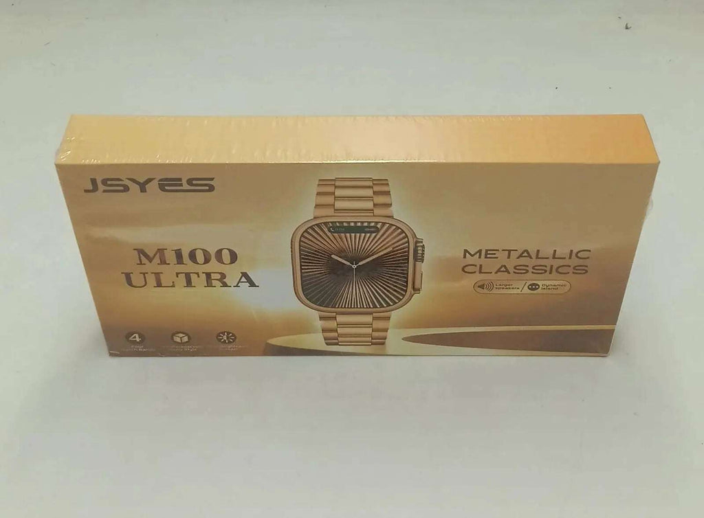 Box of JSYES M100 Ultra Metallic Classics gold-tone wristwatch