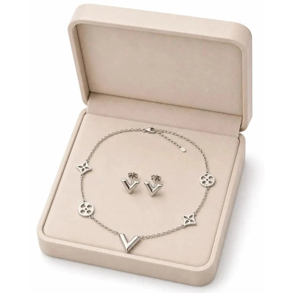 Elegant V-shaped necklace from HAFIZ AND CO Elegant V Jewelry Set, featuring intricate design and silver finish.