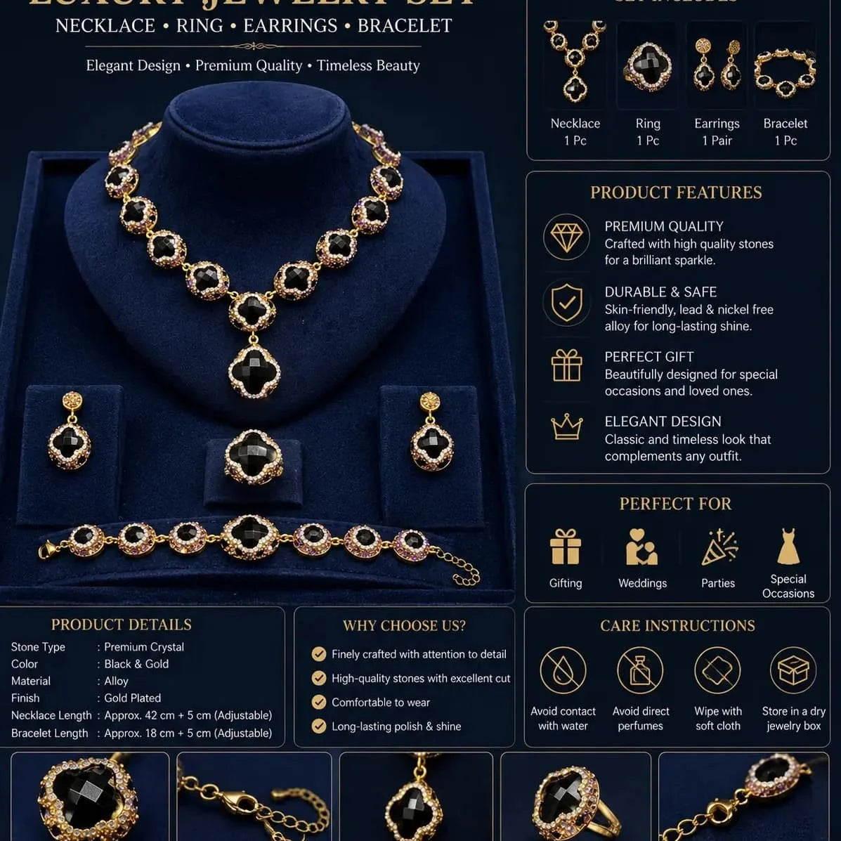 Elegant vintage jewelry set by HAFIZ AND CO, featuring intricate necklaces and earrings in a luxurious design.