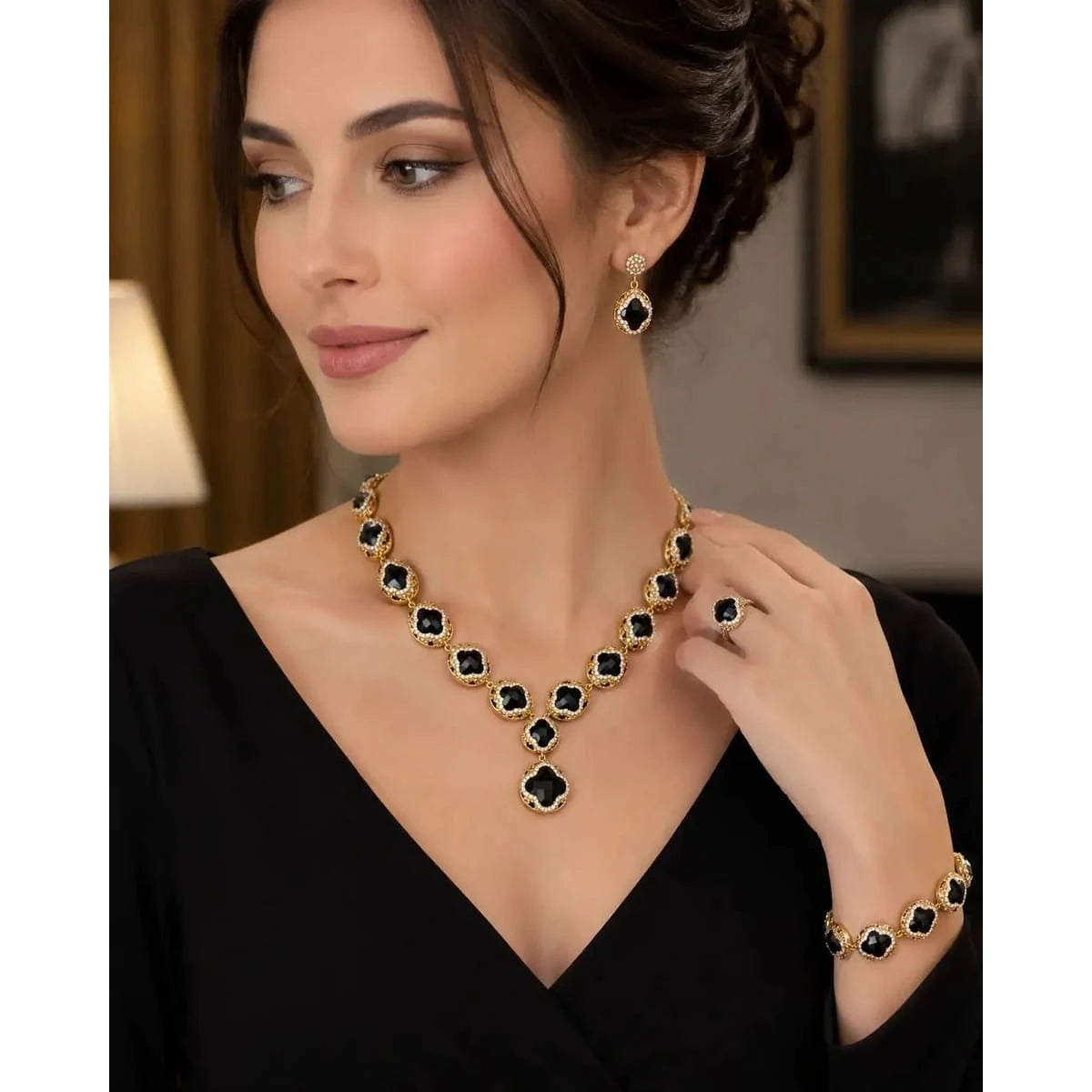 Elegant HAFIZ AND CO luxury vintage jewelry set featuring intricate designs with earrings, necklace, and bracelet for sophisticated style.