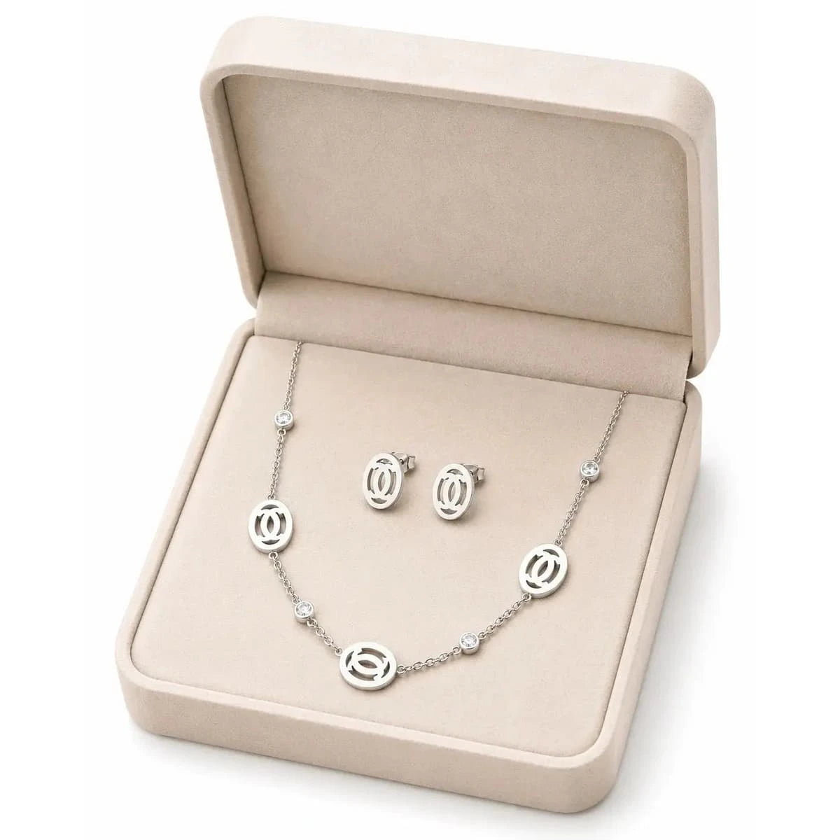 HAFIZ AND CO silver jewelry set with a necklace and matching stud earrings, featuring intricate designs and polished silver finish.