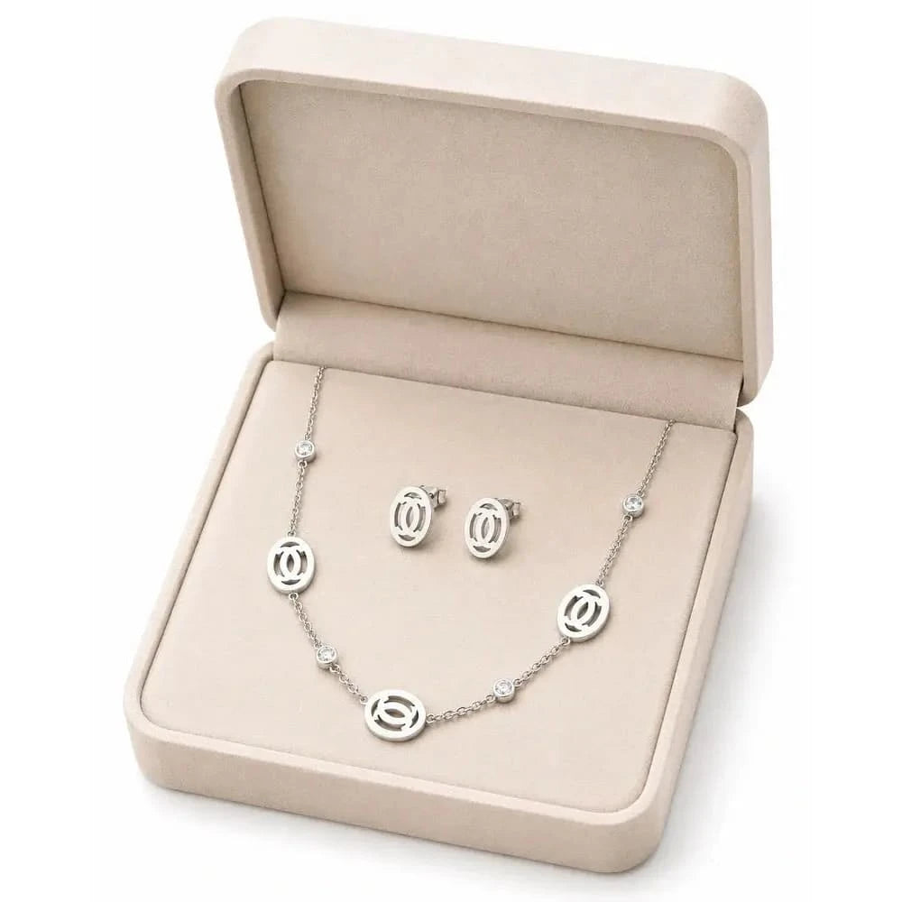 HAFIZ AND CO silver jewelry set with matching necklace and stud earrings, elegant and stylish for special occasions.