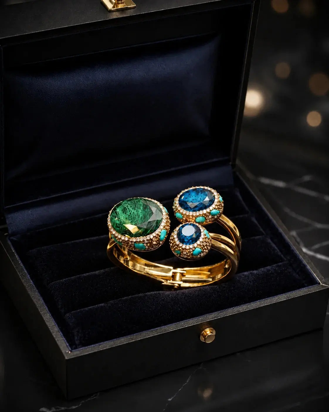 Luxury gold-toned gemstone bypass bangle by HAFIZ AND CO featuring a sleek bypass design and elegant gemstone accents.