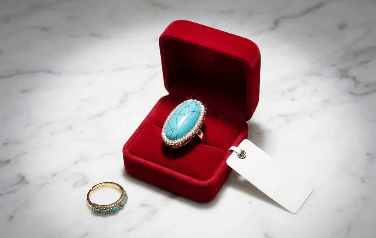Turquoise crystal ring by HAFIZ AND CO featuring a polished turquoise stone set in a sleek silver band.