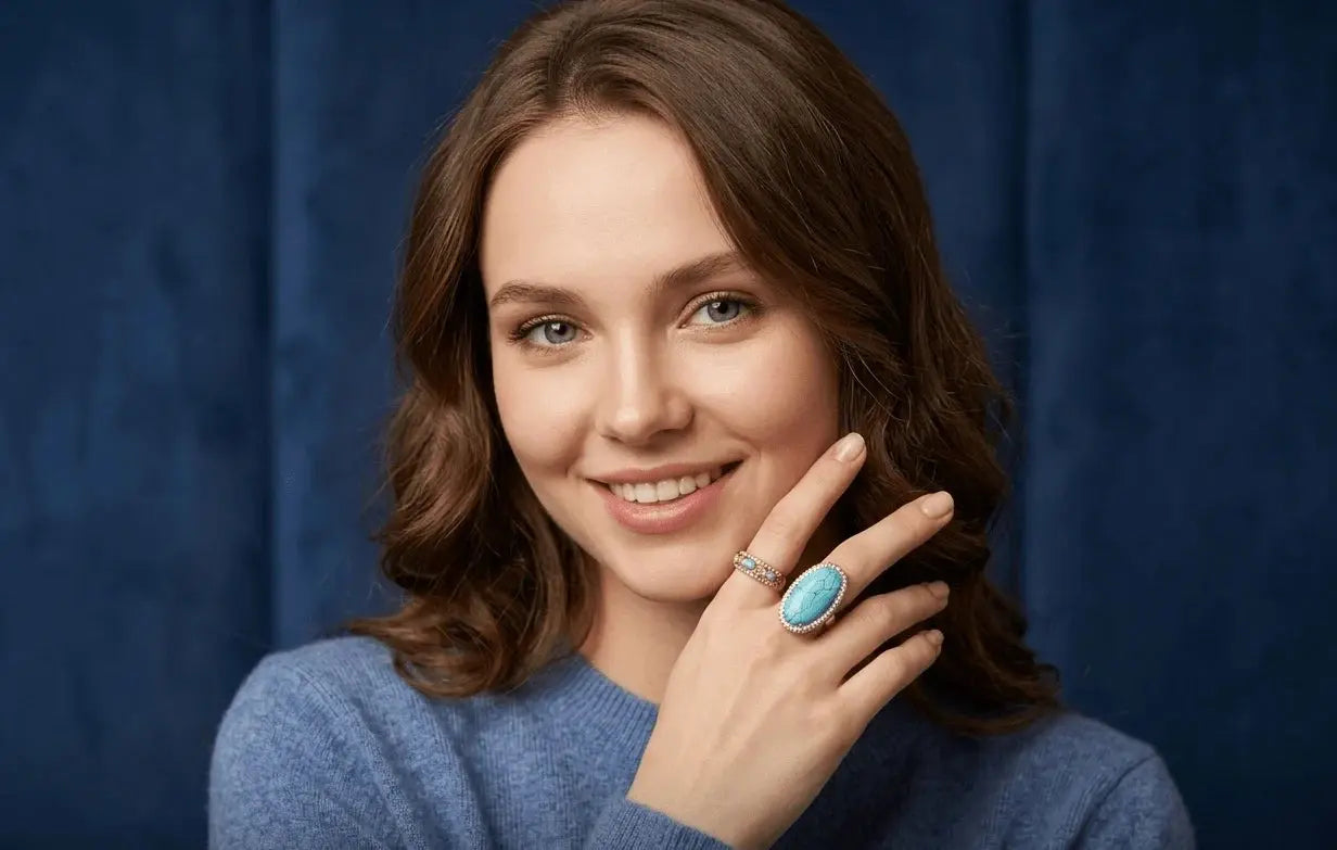 HAFIZ AND CO turquoise crystal ring featuring a vibrant turquoise gemstone set in a silver band, elegant jewelry accessory.