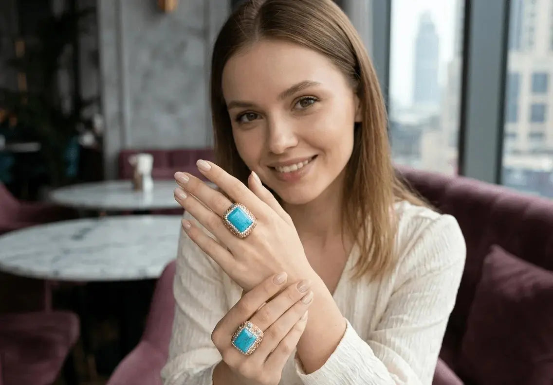 HAFIZ AND CO turquoise statement ring with bold design and silver band, showcasing vibrant blue gemstone on a white background.