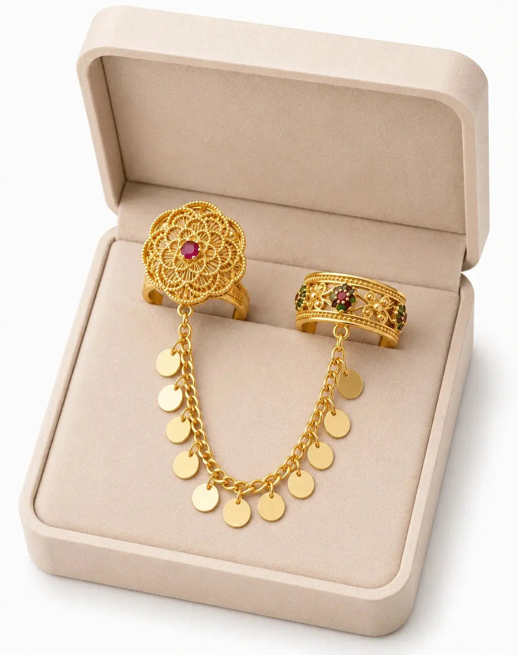 Gold filigree chain ring by HAFIZ AND CO, featuring intricate gold detailing and delicate chain design on a jewelry ring.