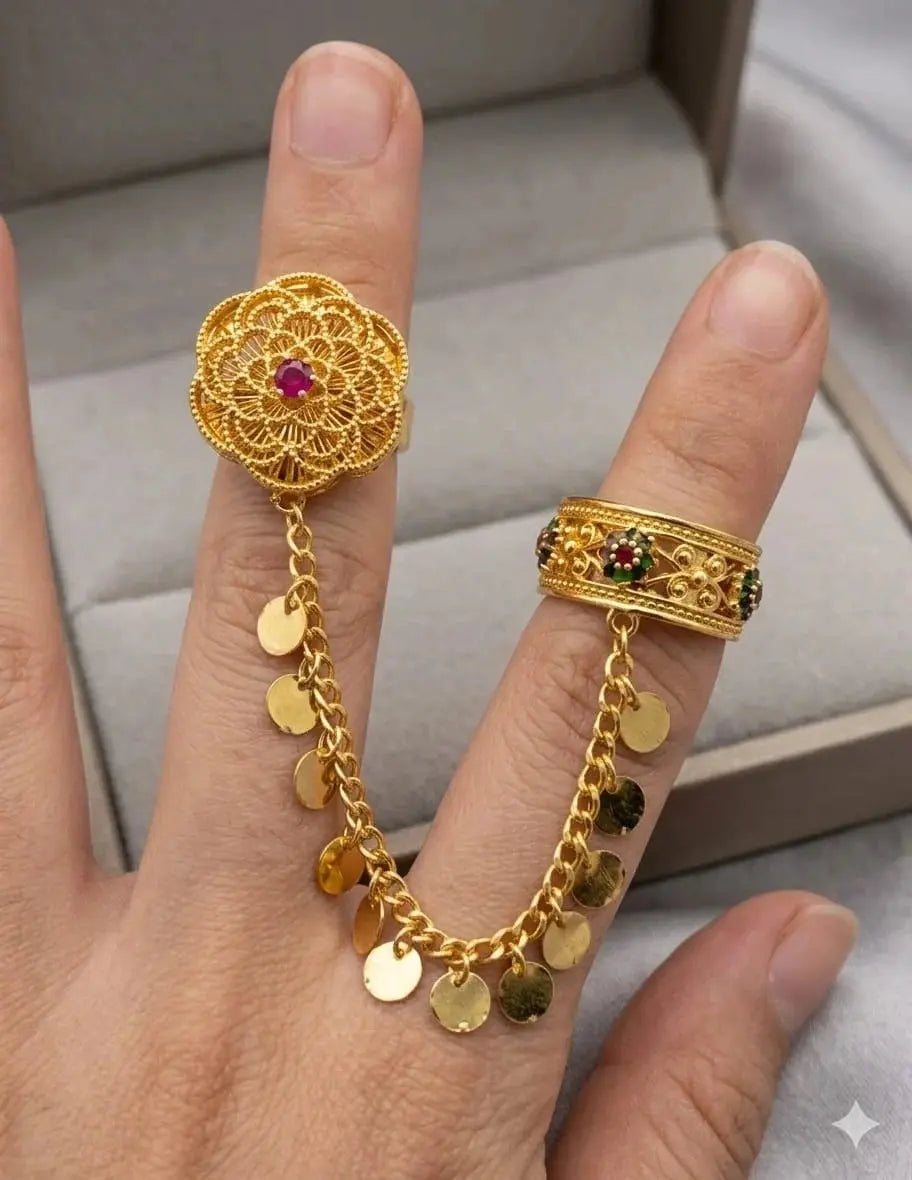 Gold filigree chain ring by HAFIZ AND CO featuring intricate gold detailing and delicate chain design on a sleek ring band.