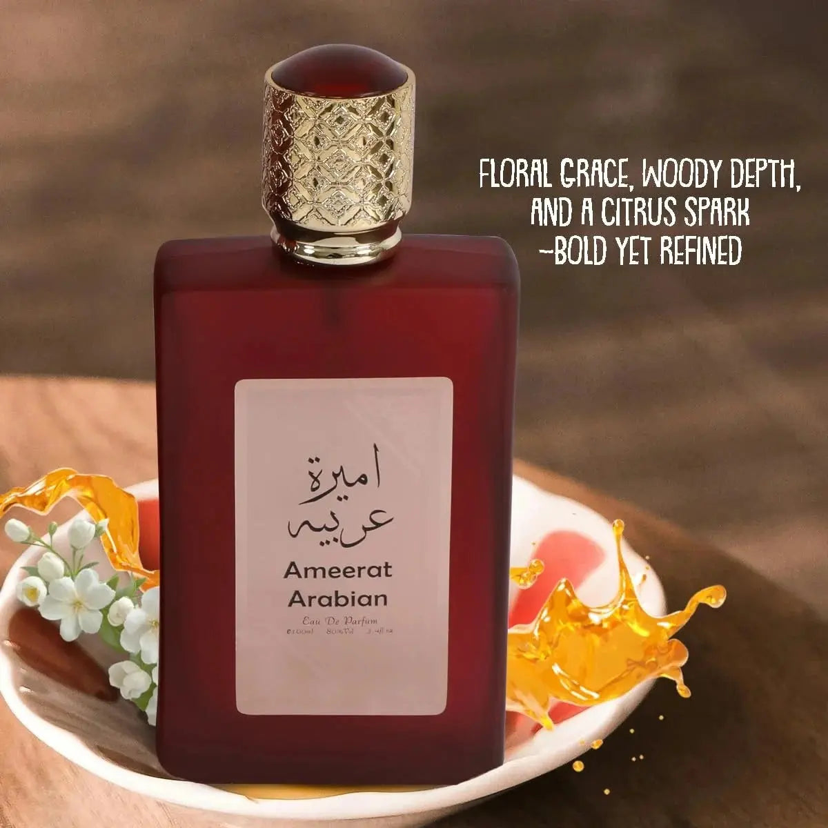 Zambeel Ameerat Asdaaf Al Arab Perfume Rouge Eau de Parfum 100ml bottle with elegant packaging, showcasing a luxurious scent.