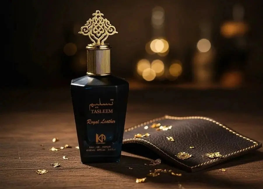 HAFIZ AND CO Tasleem Royal Leather 100ml leather eau de parfum bottle with elegant label, showcasing the luxury scent from KA Perfumes.