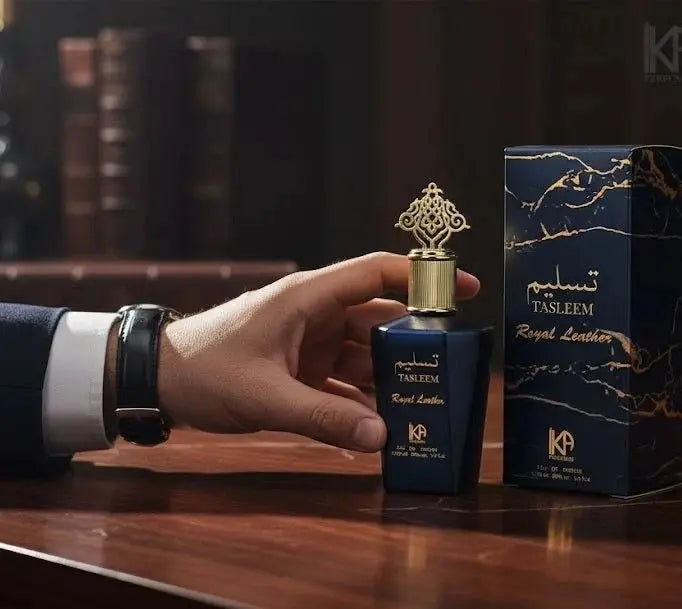 HAFIZ AND CO Tasleem Royal Leather Eau De Parfum in a 100ml bottle, showcasing elegant leather scent and luxurious packaging.