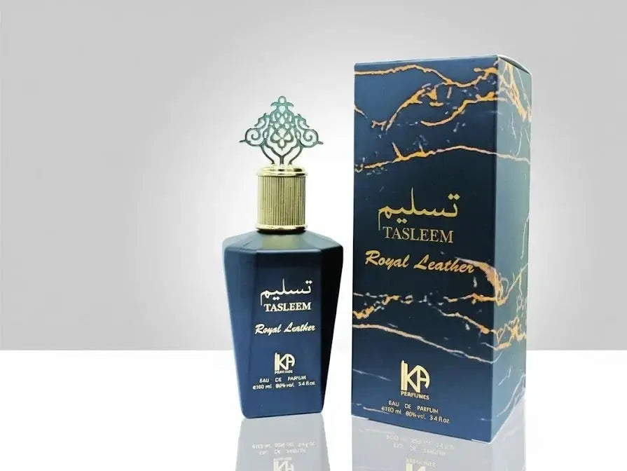 HAFIZ AND CO Tasleem Royal Leather Eau De Parfum bottle, 100ml, with luxurious leather scent and elegant packaging.