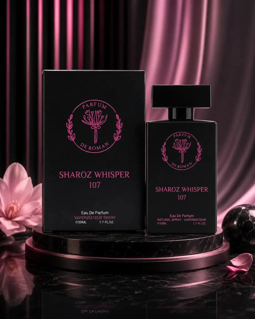 Zambeel Sharoz Whisper Perfume EDP bottle, 50ml scent with elegant packaging, showcasing the luxurious fragrance design.