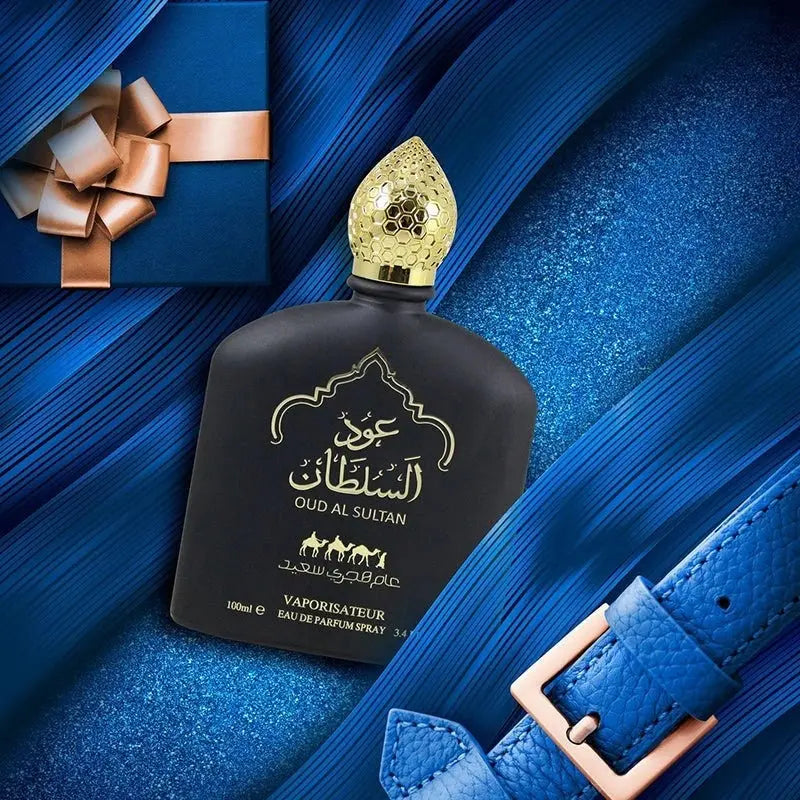 Black bottle of Zambeel Best Oud Perfume, Middle Eastern scented fragrance with luxurious oud notes, in a sleek black design.