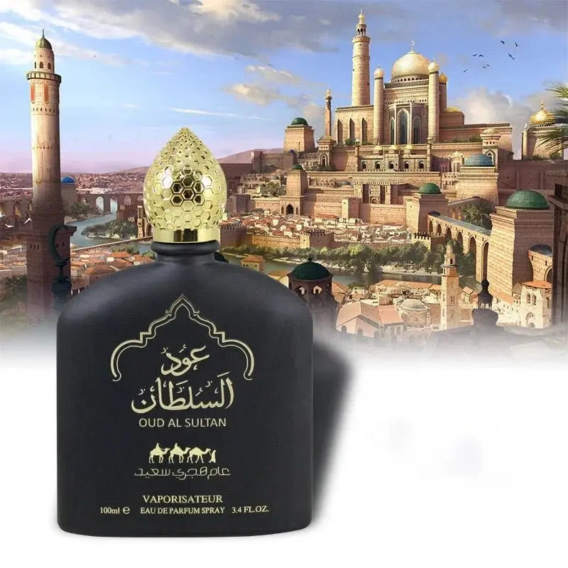Zambeel Best Oud perfume scent in a dark bottle, Middle Eastern-inspired fragrance with rich, exotic aroma and elegant design.