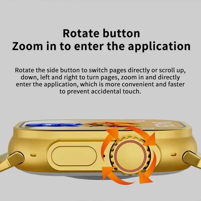 Gold Zambeel Ultra Smart Watch with a sleek display and fitness tracking features, shown on a wrist.