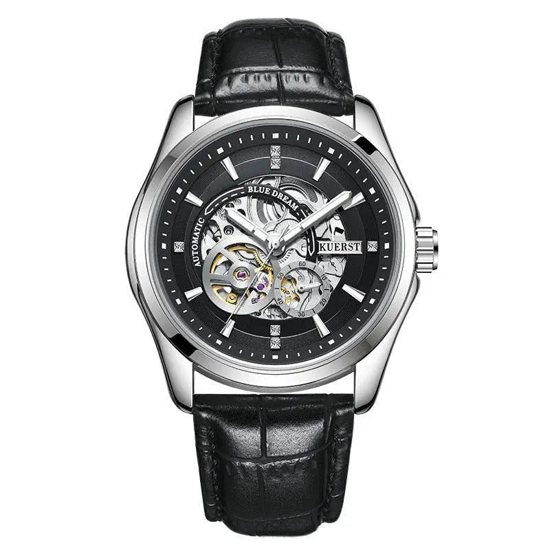 Zambeel luminous automatic mechanical waterproof watch with white and black belt, showcasing a sleek timepiece with luminous dial.