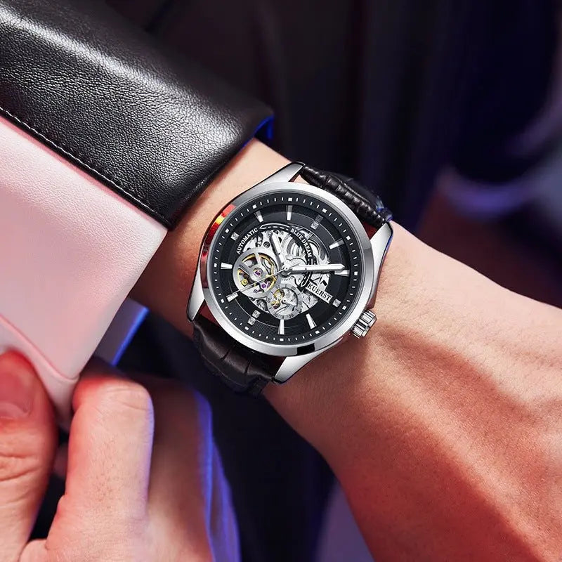 Zambeel waterproof automatic mechanical watch with white and black strap, luminous dial, and durable design.
