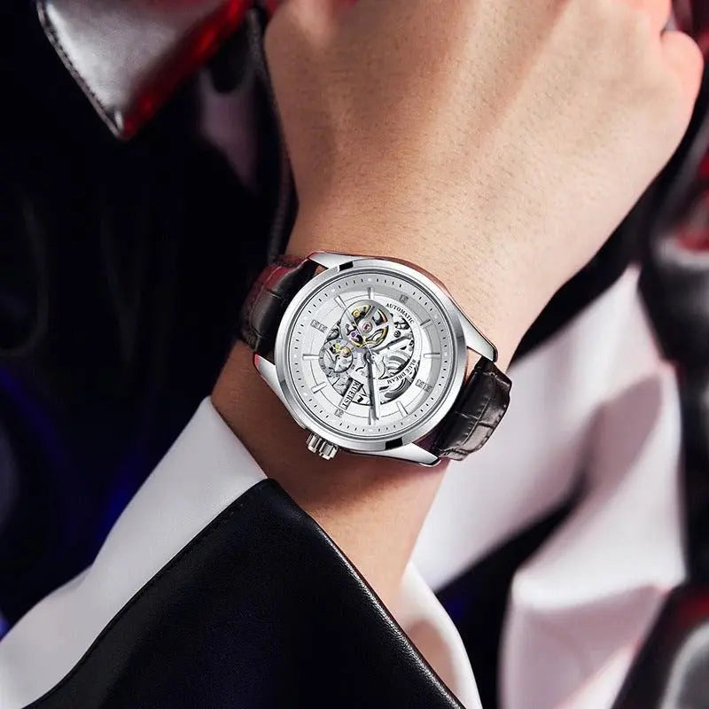 Zambeel waterproof automatic mechanical watch with luminous dial and black and white belt for durability and style.