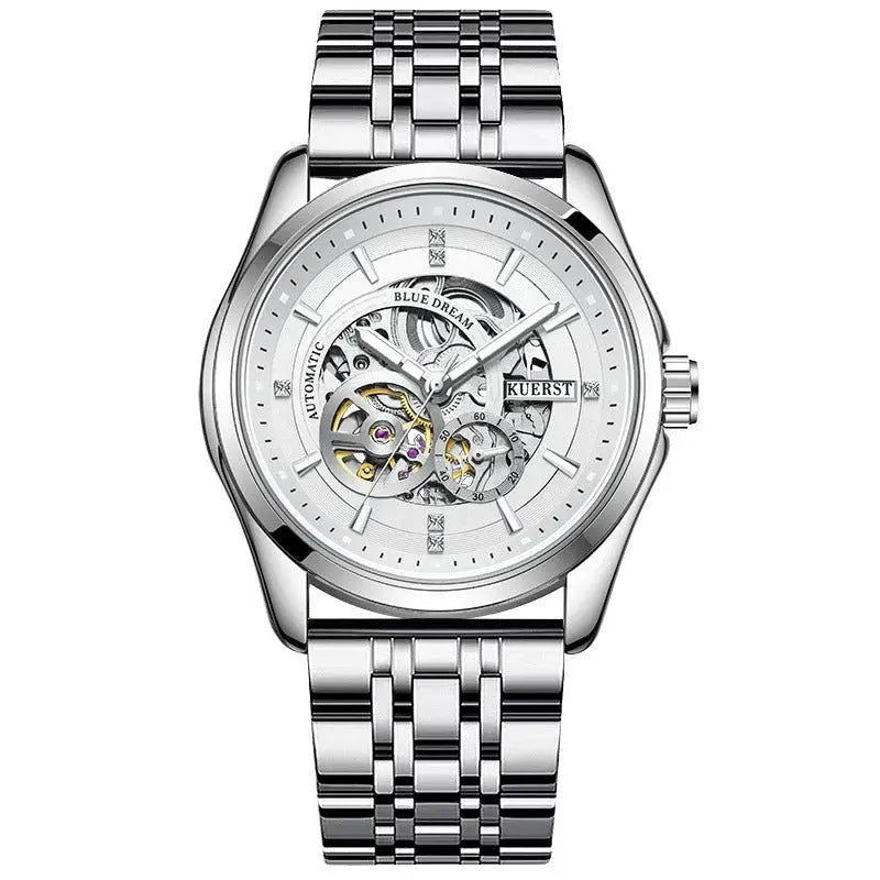 Zambeel waterproof automatic mechanical watch with luminous dial, white and black belt, sturdy design, suitable for daily wear.
