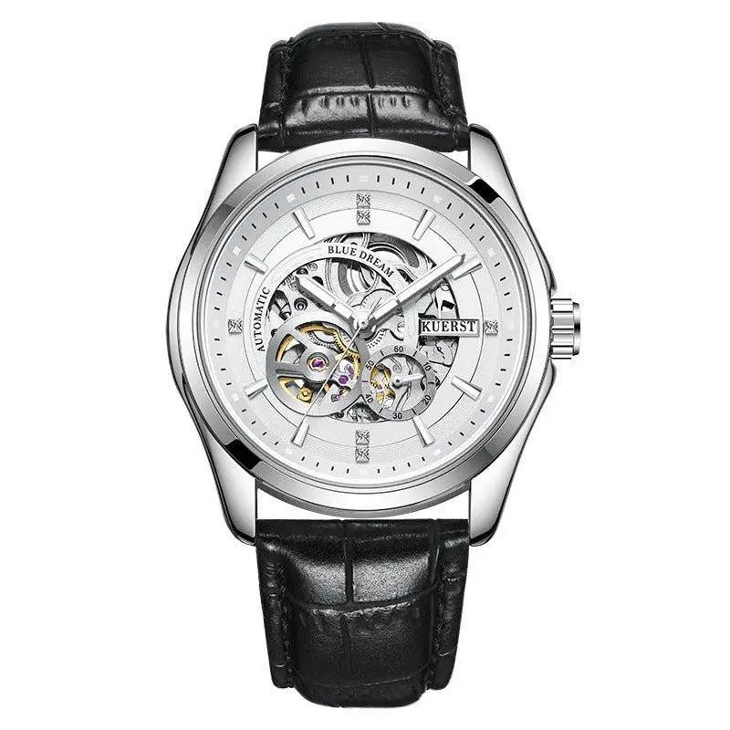 Zambeel waterproof automatic mechanical watch with luminous dial, black and white belt, and sturdy design.