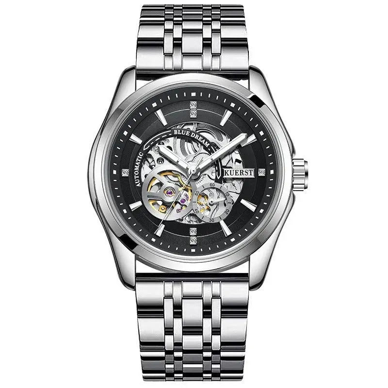 Zambeel waterproof automatic mechanical watch with white dial, black strap, luminous hands, and sturdy design.