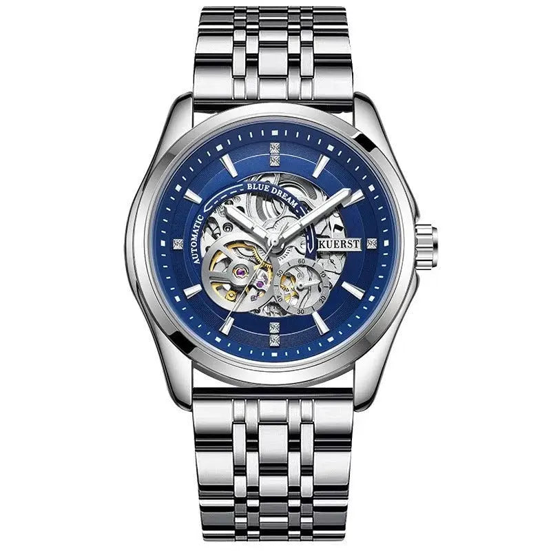 Zambeel waterproof automatic mechanical watch with luminous dial, white and black belt, durable design.