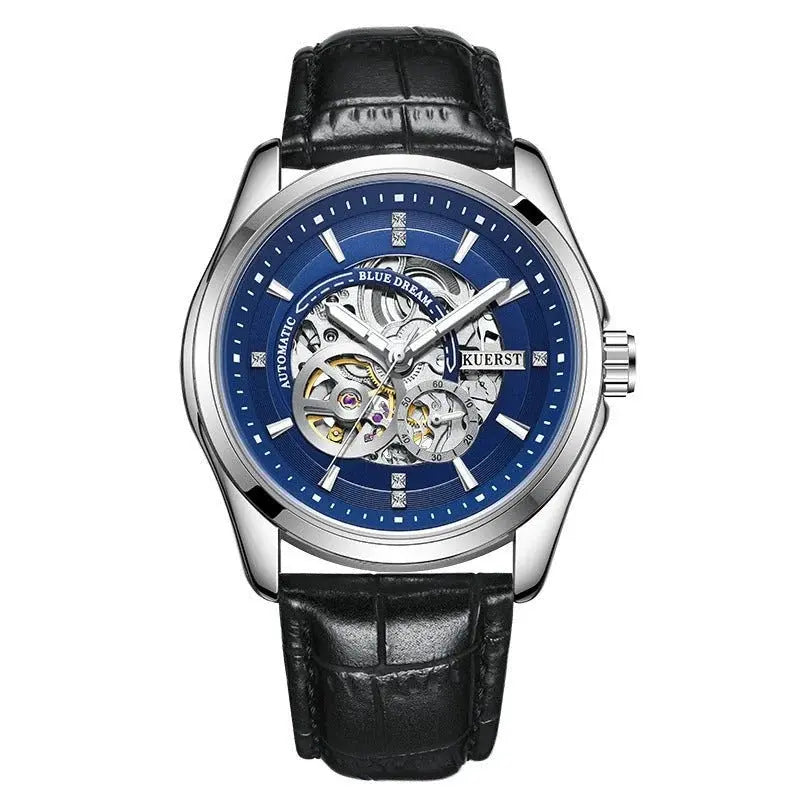 Zambeel waterproof automatic mechanical watch with luminous dial and black and white belt, showcasing its durable design.