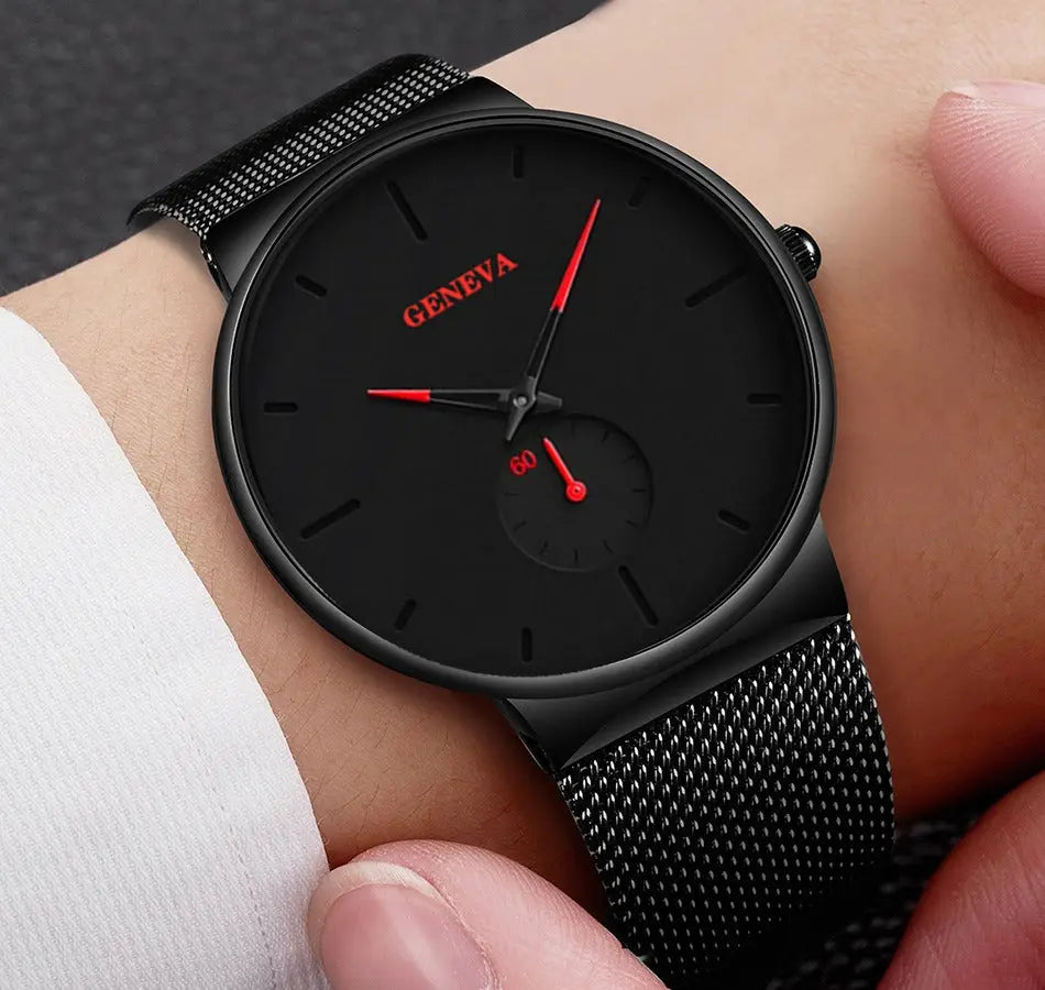 Zambeel Fashion Casual Geneva men's watch with a round dial and leather strap, stylish and modern accessory.