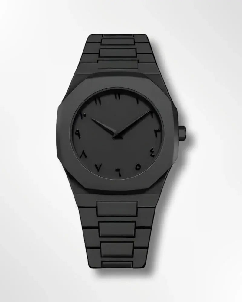 Stainless steel Zambeel Arabic watch with round dial and Arabic numeral markers, showcasing a sleek and modern design.