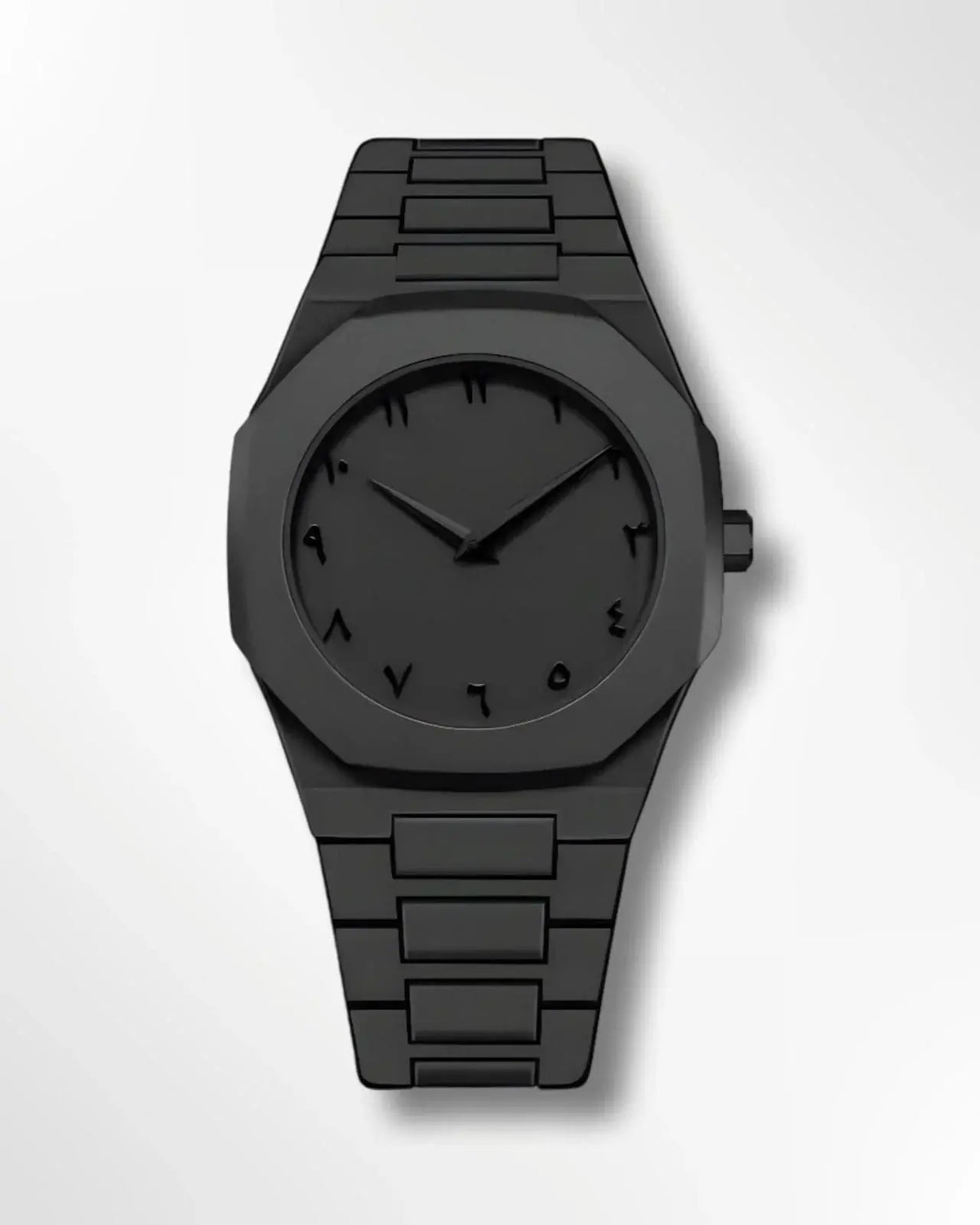 Stainless steel Zambeel Arabic watch with traditional dial and sleek design, close-up view of the watch face and strap.