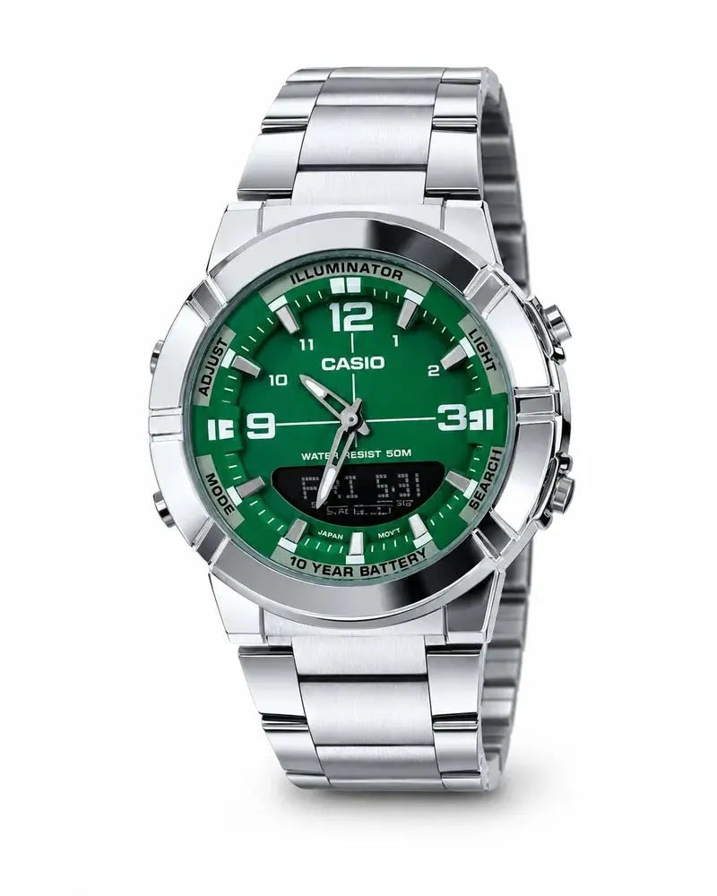 Green Casio Illuminator watch by Zambeel with digital display and luminous hands, shown on a neutral background.