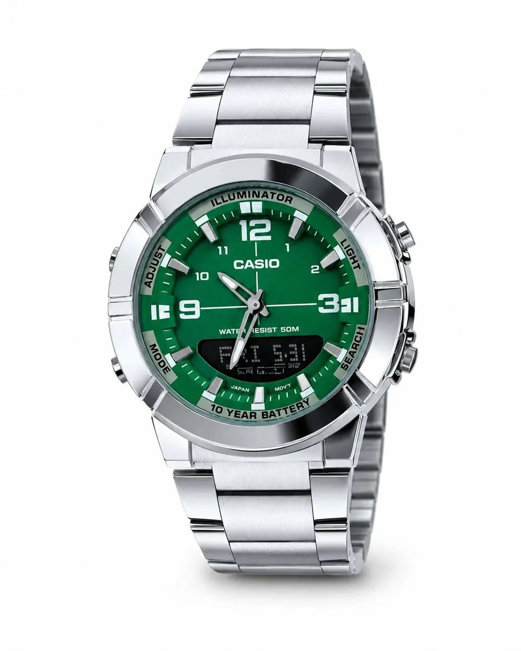 Green Zambeel Casio Illuminator watch with digital display and backlight, featuring a sporty design and durable strap.