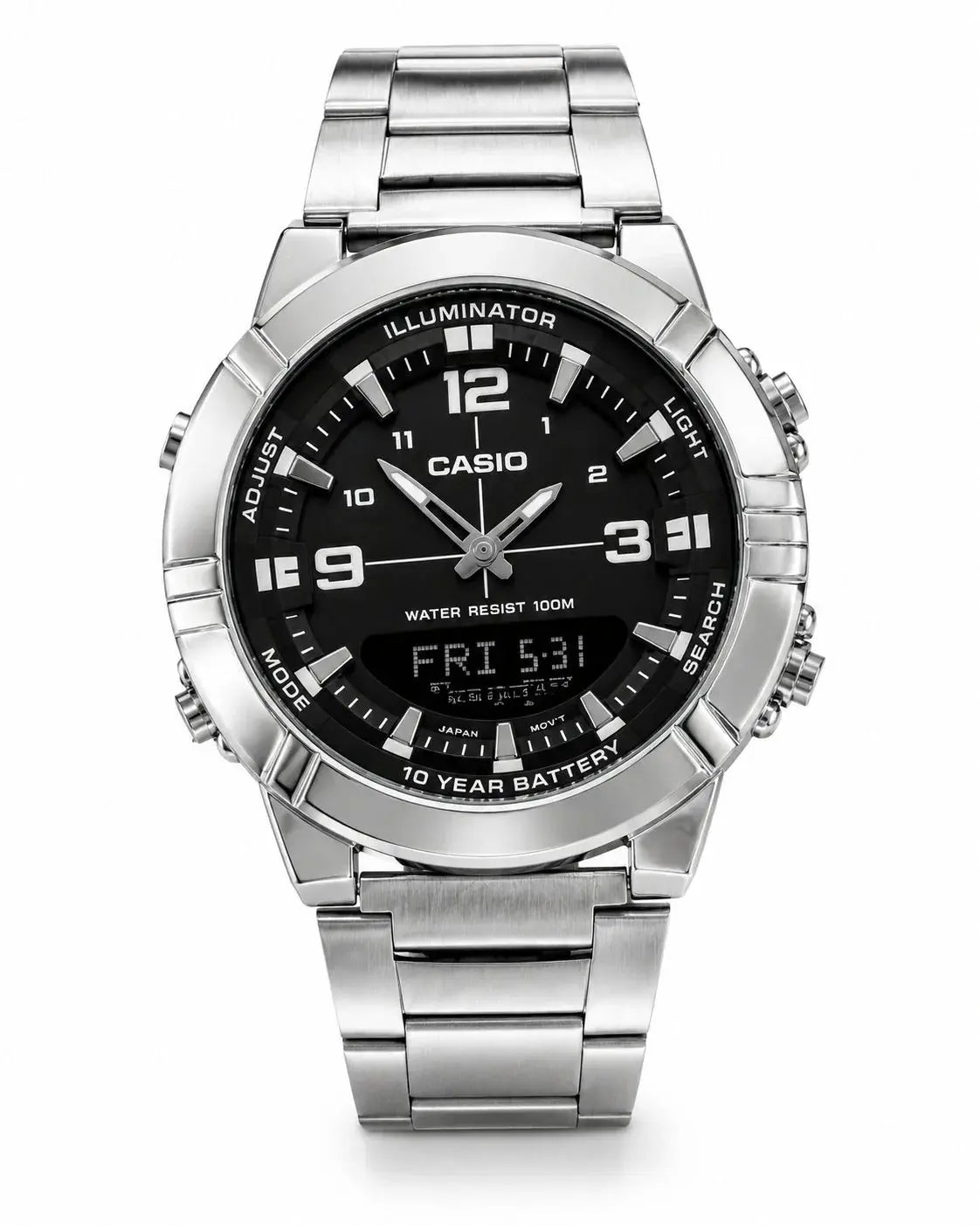Green Zambeel Casio Illuminator watch with digital display and luminous hands, featuring a durable strap and sleek design.