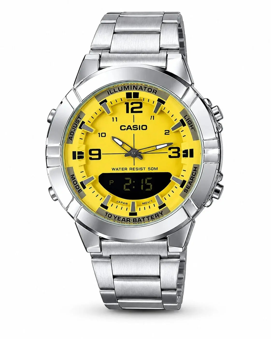Green Casio Illuminator watch by Zambeel with digital display and luminous hands, showing time on a sleek wristwatch design.